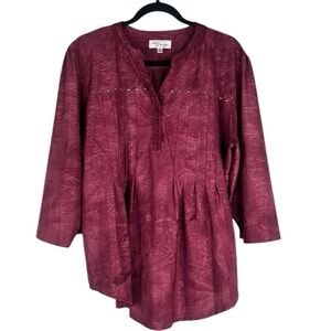 Eve & Maddie Burgundy Boho Flowy Silver Stud 3/4 Sleeve Flowy Top Size XL